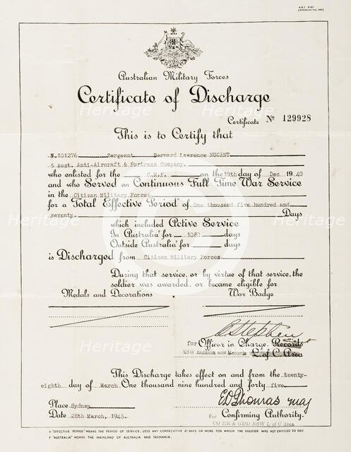Bernard Laurence 'Barney' Nugent's Certificate of Discharge from the Citizen Military Forces, 1945. Creator: Murphy.