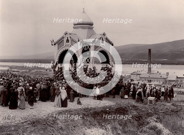 A prayer service at the laying of a railway bridge over the Yenisei River, 1896. Creator: IR Tomashkevich.