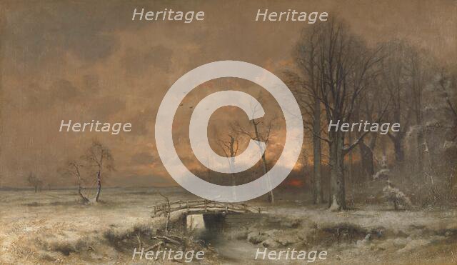 Winter Scene with the Sun Setting Behind Trees, 1880-1930. Creator: Louis Apol.