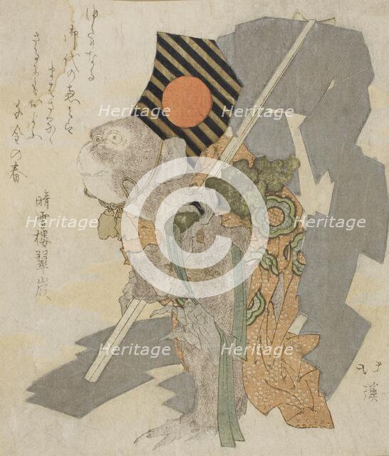 Monkey performing Sanbaso dance, 1824. Creator: Totoya Hokkei.