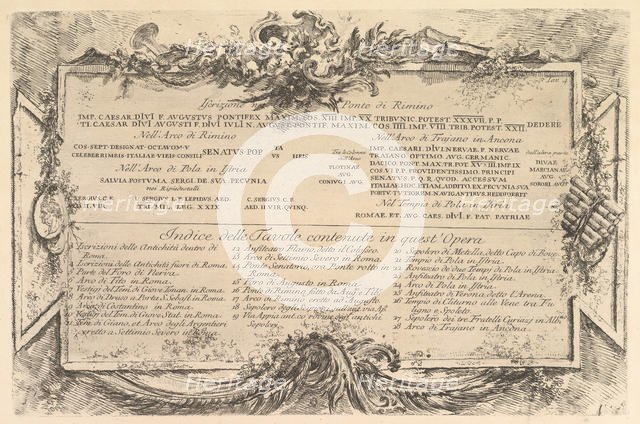 Beginning "Iscrizione nei lati del Ponte di Rimino" ("Inscription on the side of the R..., ca. 1748. Creator: Giovanni Battista Piranesi.