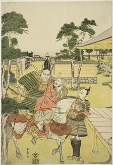 Musashibo Benkei Brings the Captured Tosabo Shoshun to Yoshitsune in the Play Horikawa...c. 1782. Creator: Shunsho.