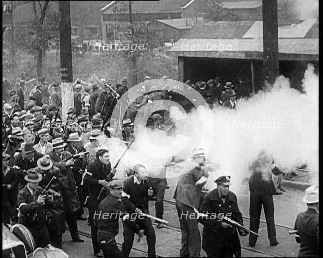 Small Crowd of American Civilians on a Demonstration/Strike in Conflict with the Police..., 1930. Creator: British Pathe Ltd.
