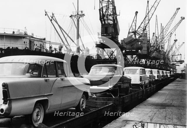 Vauxhall Victors for export at docks 1958. Creator: Unknown.