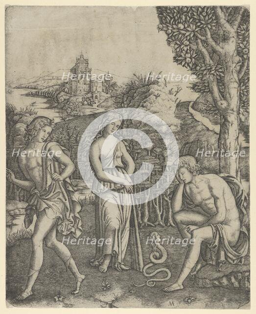 A young man sitting at right resting his head in his hand, a snake with a womans he..., ca. 1510-20. Creator: Marcantonio Raimondi.