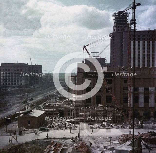 The construction of the main building of Moscow State University on Lenin Hills Artist: Anonymous  