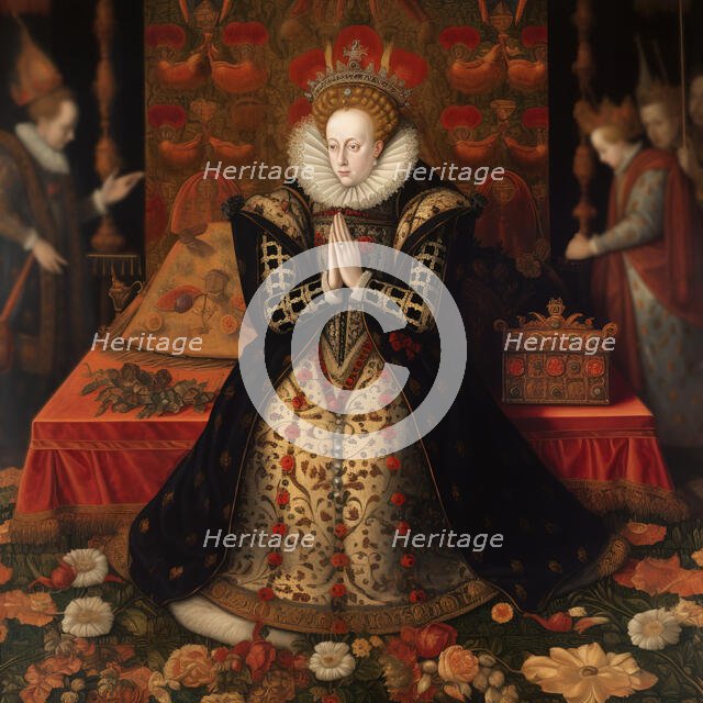 AI IMAGE - Portrait of Queen Elizabeth I in prayer, 16th century, (2023). Creator: Heritage Images.