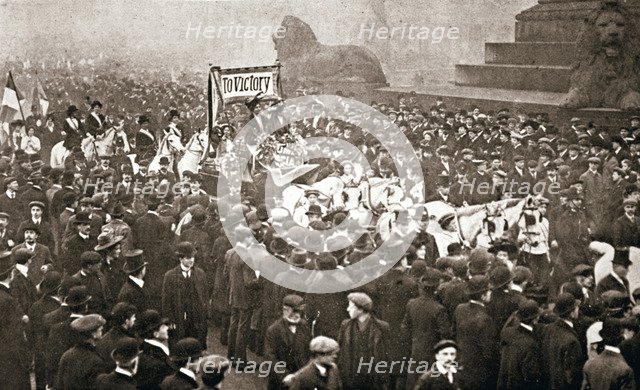 Procession to welcome the early release of suffragettes from prison on 19 December 1908. Artist: Unknown