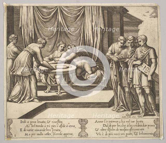 Plate 8: Psyche seated at a table and attended by invisible servants, Eros beside the g..., 1530-60. Creator: Master of the Die.