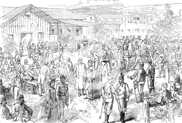 Sketch in the Austrian camp at Bruck: evening amusements, 1871. Creator: Unknown.