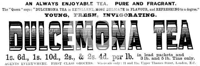 Advertisement for Dulcemona Tea, 1895. Creator: Unknown.