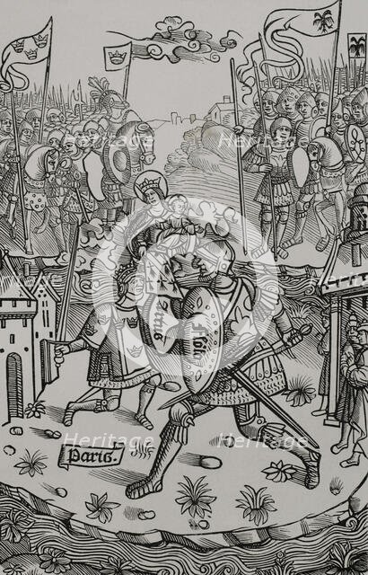 King Arthur fighting the giant, under the protection of the Virgin. 1514, (1877). Creator: Unknown.