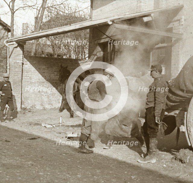 Blacksmith shoeing horse, Suippes, northern France, c1914-c1918. Artist: Unknown.