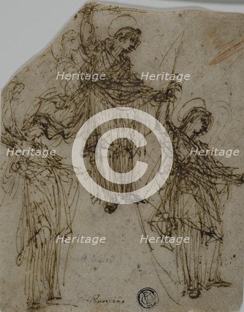 Sketches of a Standing Saint Holding a Sword (r); Sketches of Figures and Heads (v), 1550/59... Creator: Unknown.