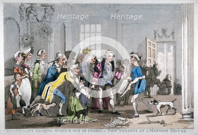'Hospitality kicking Avarice out of doors; or, new tenants at the Mansion House', 1799. Artist: Anon