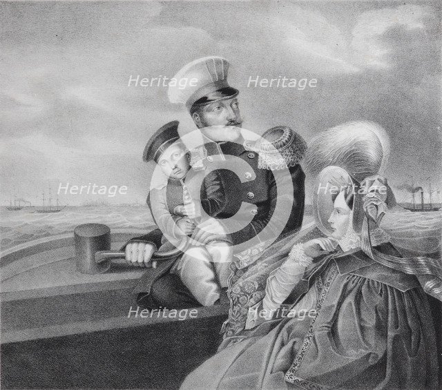 Emperor Nicholas I and Empress Alexandra Fyodorovna with son Konstantin Nikolaevich on a boat trip,  Artist: Anonymous  