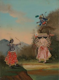 Rama (left) and Hanuman (above, right) fighting the demon Ravana (right). Creator: Unknown.
