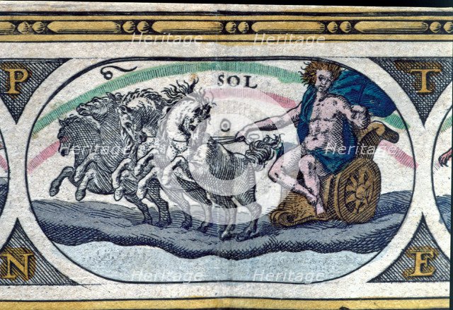 The sun, colored engraving from the book 'Le Theatre du monde' or 'Nouvel Atlas', 1645, created, …