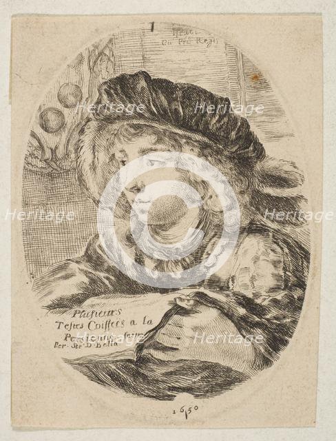 A bust of a young man wearing a cap with feathers, turned three-quarters to the left, the ..., 1650. Creator: Stefano della Bella.