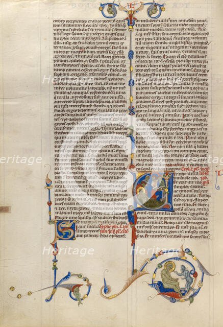 Initial V: Job Derided by His Wife and Three Friends; Abbey Bible, about 1250-1262. Creator: Unknown.