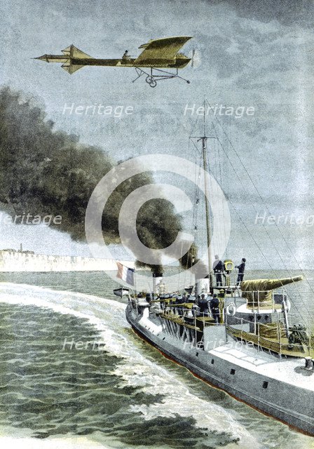 Hubert Latham attempting to fly his Antoinette monoplane across the English Channel, 1909. Artist: Unknown