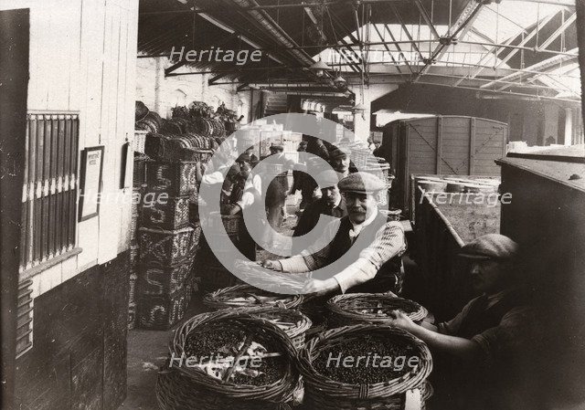 Men unloading baskets of blackcurrants from train, Rowntree factory, York, Yorkshire, 1920. Artist: Unknown