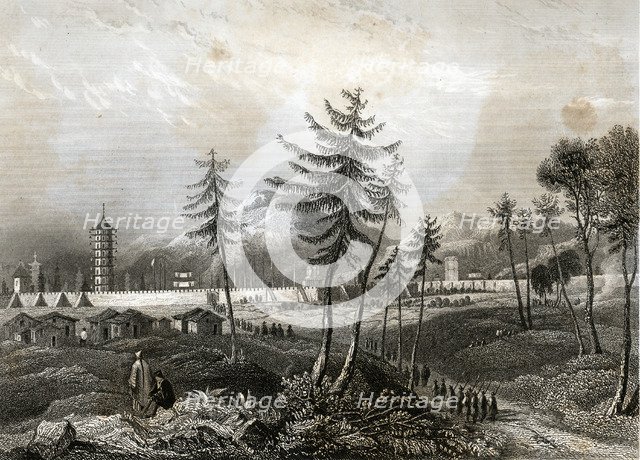 Beijing, illustration with temples and the city, engraving, 1855.