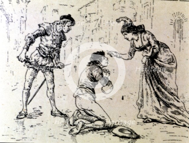 Engraving, a poor before a lady in an edition of 'La Comedie Espagnole' by Lope de Rueda, 1883.