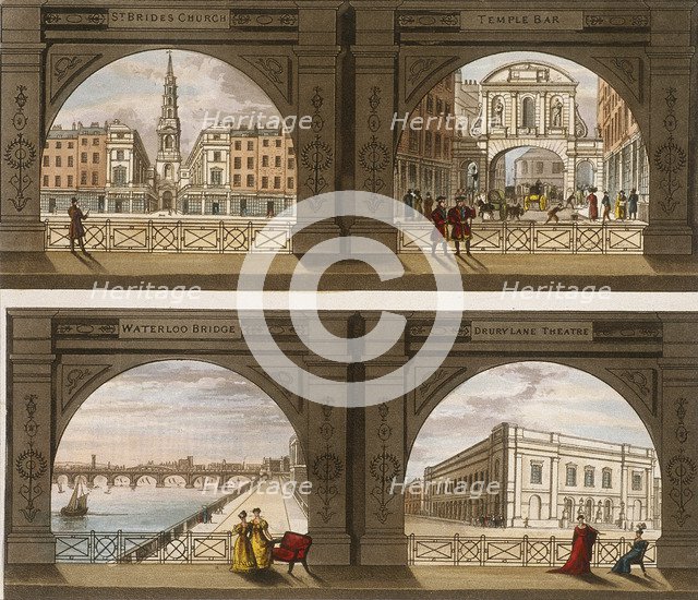 Four views of London sites seen through an arch, c1820. Artist: Anon