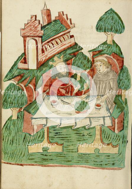 Josaphat and Barlaam Share a Meal; Barlaam und Josaphat, 1469. Creators: Hans Schilling, Diebolt Lauber.