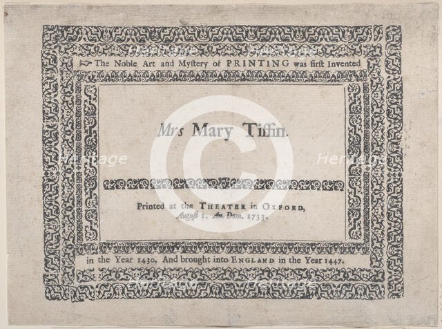 Trade Card for the Theater in Oxford, 18th century. Creator: Anon.