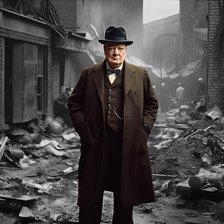 AI IMAGE - Portrait of Sir Winston Churchill standing in bomb-damaged London street, 1940s, (2023). Creator: Heritage Images.