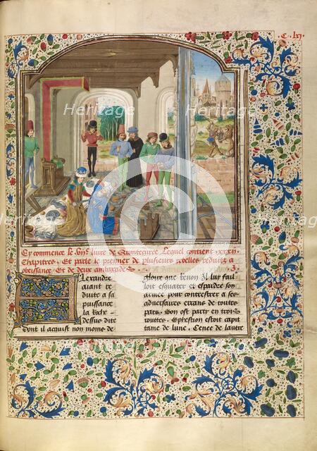 Alexander Fights with a Lion and Kills Clitus; Livre des fais d'Alexandre le grant, about 1470-1475. Creator: Master of the Jardin de vertueuse consolation.