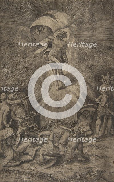 The resurrection of Christ, holding a banner in his right hand, soldiers surrounding the t..., 1561. Creator: Giulio Bonasone.