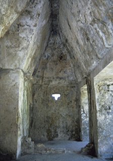 The Corbel arch seen in a hallway at the Palace, Palanque, Chiapas, Mexico, 1998.  Creator: Unknown.