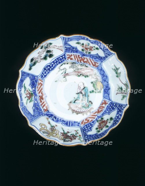 Wucai saucer with luohan on rush mat, Late Ming dynasty, China, 1621-1644. Artist: Unknown
