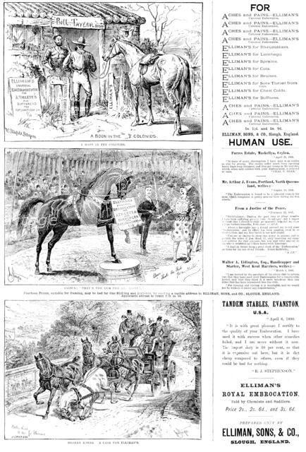 Advertisements for Elliman’s Universal Embrocation, 1890. Creator: William Stanfield Sturgess.