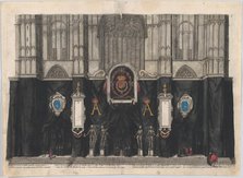 Plate 1: Figures gathered before a curtained wall, decorated with three armorials with the..., 1623. Creator: Cornelis Galle I.