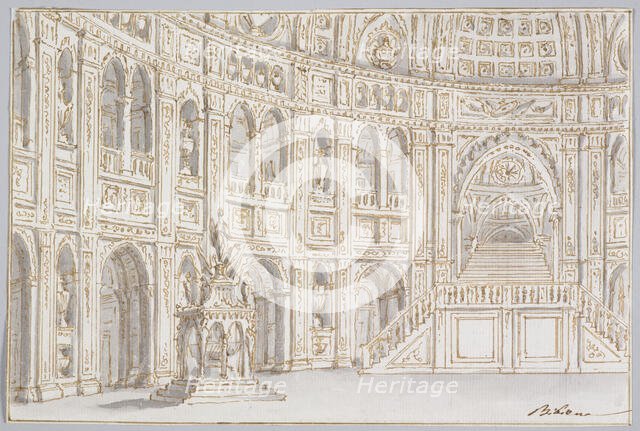 An interior with arcaded gallery and staircase,  late 17th century-mid-18th century. Creator: Ferdinando Galli Bibiena.