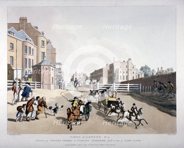 Entrance to Oxford Street at the Tyburn Turnpike, London, 1798. Artist: Heinrich Schutz