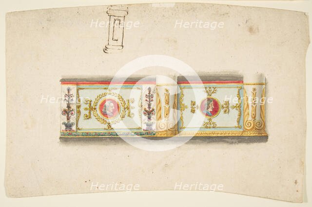 Design for a Decorative Wall Panel with Profile Portraits, and a Study for a Column, 19th century. Creator: Anon.