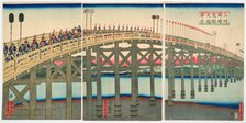 Sanshu Okazaki Yahagi ohashi shokei (View of the Great Bridge of Yahagi near Okazak..., 1863. Creator: Sadahide, Utagawa (1807-1873).