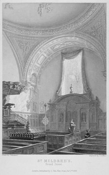 Interior of the Church of St Mildred, Bread Street, City of London, 1838. Artist: John Le Keux