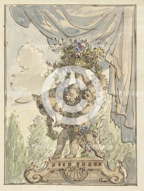Three putti with a flower basket, 1677-1755. Creator: Elias van Nijmegen.