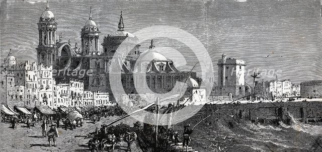 View of the walk along the harbor and cathedral of the city of Cadiz, engraving, 1886.