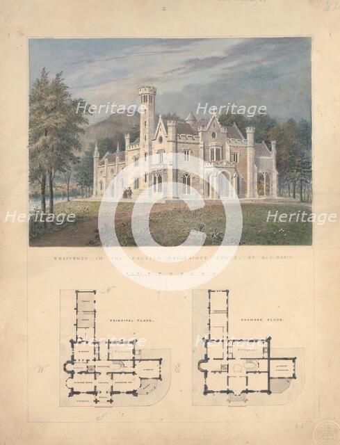 Villa for Robert Donaldson, Fishkill Landing, New York (perspective and plans), 1834. Creator: Alexander Jackson Davis.