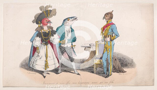 Sir, I offer you my respects and my daughter from Metamorphoses of the Day, 1829. Creator: Pierre Langlumé.