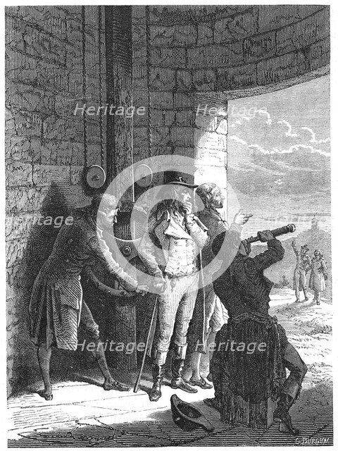 Claude Chappe demonstrating his optical telegraph (semaphore) system in 1793 (c1870). Artist: Unknown