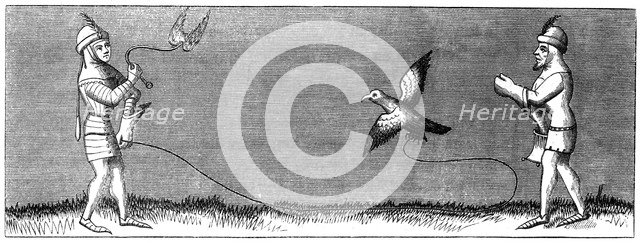 How to train a young falcon, 14th century (1849). Artist: Unknown