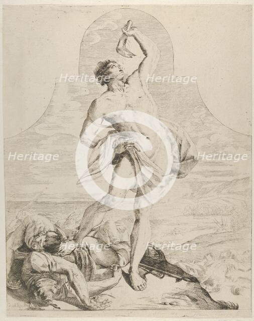 Samson holding the jaw bone of an ass over his head and standing next to the Philis..., ca. 1640-60. Creator: Flaminio Torre.